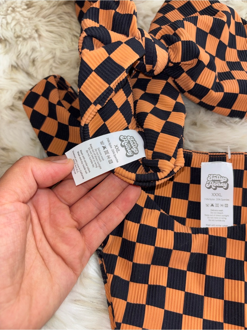 Checkerboard High-Cut Bikini Set in Black and Orange xxl top xxxl bottom NWOT - Picture 4 of 5